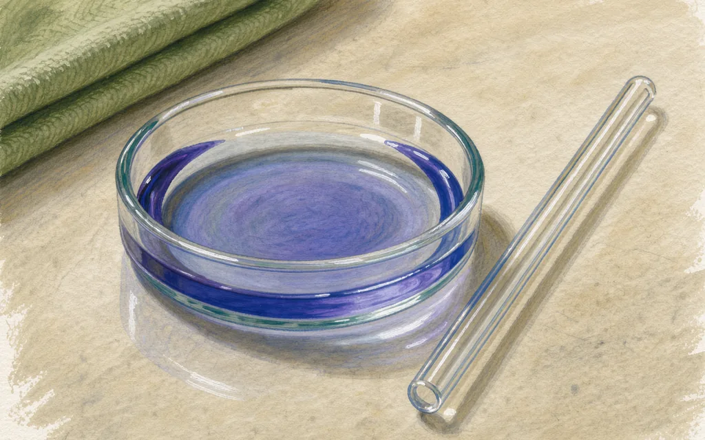 Blue liquid in a shallow glass dish beside a clear glass stirring rod