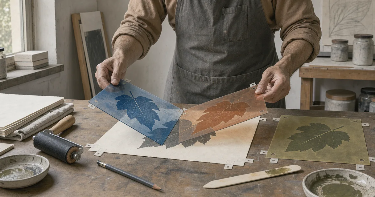 A printmaker holds separate blue and brown printing masks above a sheet of paper
