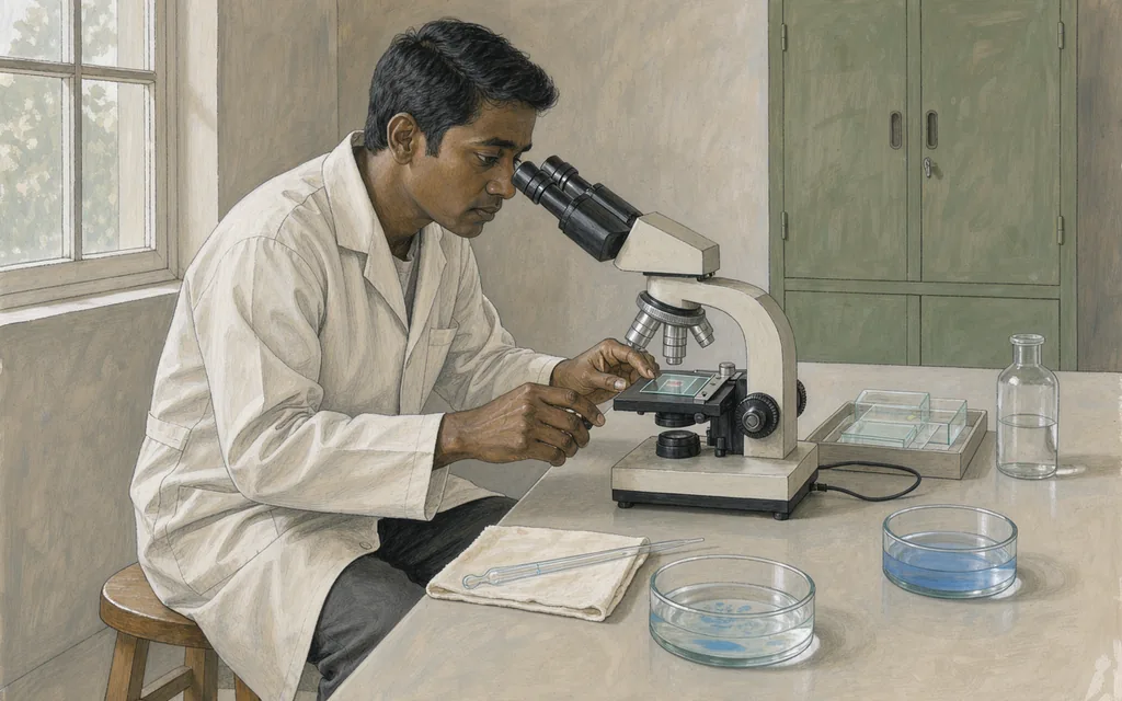 A laboratory technician examines a slide beside separate glass dishes